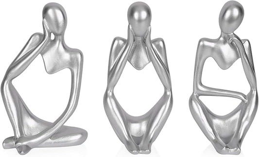 Sandstone Resin Thinker Style Abstract Sculpture Statue Collectible Figurines Home Office Bookshelf Desktop Decor (Small Silver, 3pcs)