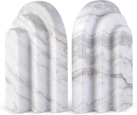 Natural Marble Book Ends - Heavy Duty Bookends for Shelves - Aesthetic Layered Arch Design Stone Book Holders, Modern Office Bookshelf Stopper Decor for Books/CDs (Volakas)