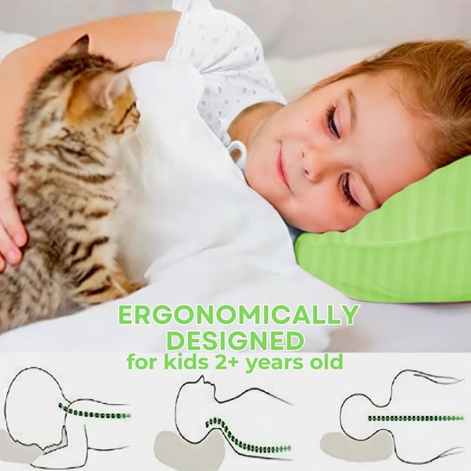 kinder Fluff Children Pillow (2Pack) 10x15in - First Pillow for Kids Age 2+, 100% Cotton Sateen Stripes Shell 300T, Down Alternative Fill, Machine Washable - Children & Travel Cushion - Green - XS