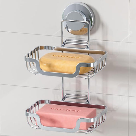 LEVERLOC Double Layer Soap Dish, Bar Soap Holder for Shower Wall, Vaccum Suction Cup Sponge Holder for Bathroom Tub Kitchen Sink, Stainless Steel, Waterproof, Removable, Silver