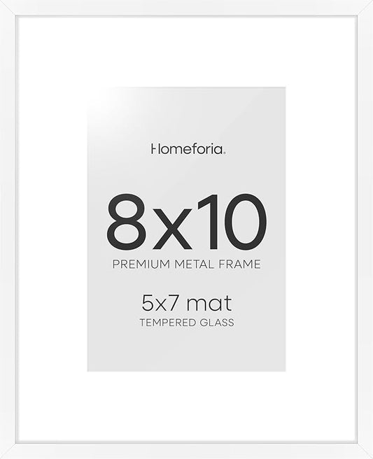 Homeforia White Picture Frames 8x10, High End Metal 8 x 10 Photo Frame with Mat 5 by 7 Art, 10x8 White Frame Matted to 5x7 inch Print, 8by10 Wall or Tabletop Frames, Tempered Glass, Wall Kit, Set of 1