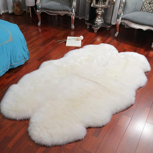 Premium Genuine Fur Sheepskin Rug Real Australia Sheepskin Natural Luxury Fluffy Lambskin Fur Area Rug Seat Covers for Kids Bedroom Sofa Chair Cover (Creamy White, 4ft x 6ft)