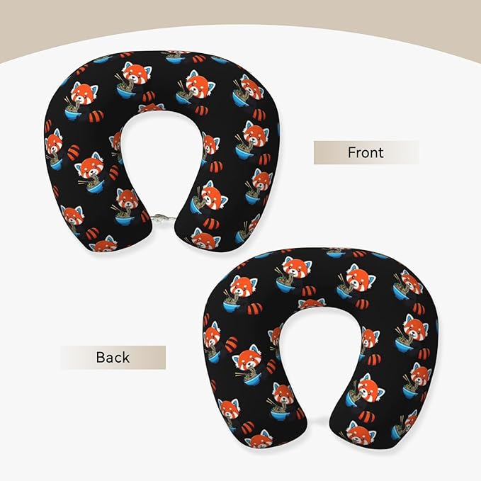 Unique Travel U Shaped Pillows Red Panda Eating Ramen for Airplanes Car Flight, Comfortable Chin Head Neck Cushion Supporting, Polyester Removable Cover