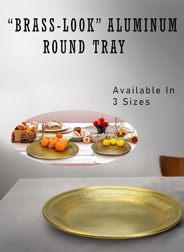Serene Spaces Living 17.5" Brass-Look Aluminum Round Tray, Handcrafted in India, Decorative Vanity Tray, Organizer, Serving Platter, Fruit Holder, Candle Holder for Coffee Table, Catchall Tray