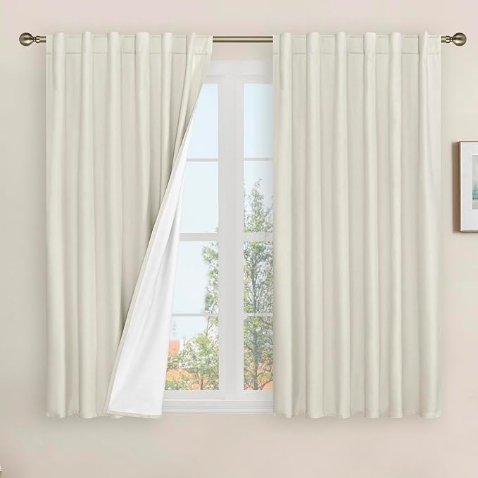 LAMIT Linen 100% Blackout Window Curtains for Bedroom, 45 Inches Linen Textured Thermal Farmhouse Curtains Back Tab and Rod Pocket Window Panels with White Liner, 2 Panels, 52 x 45 Inch, Ivory
