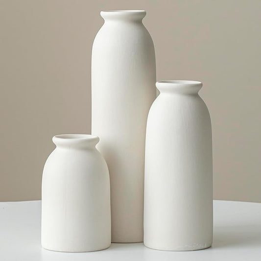 Ceramic Vase Set-3, Small Flower Vases for Decor, Modern Boho Farmhouse Style, 10.3 Inch Tall, Bisque White Color, Decorative Vases for Pampas Grass, Dried Flowers and Fresh Flowers (L Natural White)