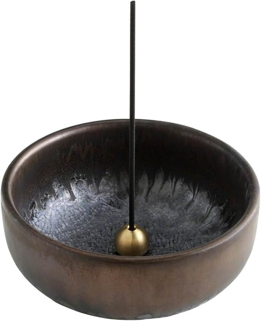 Asayu Japan Zen Incense Holder – 3.9" (100 mm) Ceramic Incense Bowl with Brass Burner, Made in Japan Mino Ware, Modern Wabi-Sabi Style in Metallic Black, Brown & Gold