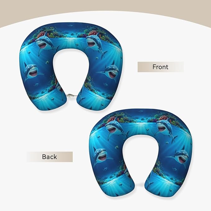 Neck Support Pillow, Comfortable Memory Foam Car/Flight/Airplane Chin Pillows U Shaped Cushion for Office Travel Sleeping Ocean Animals Sea Shark