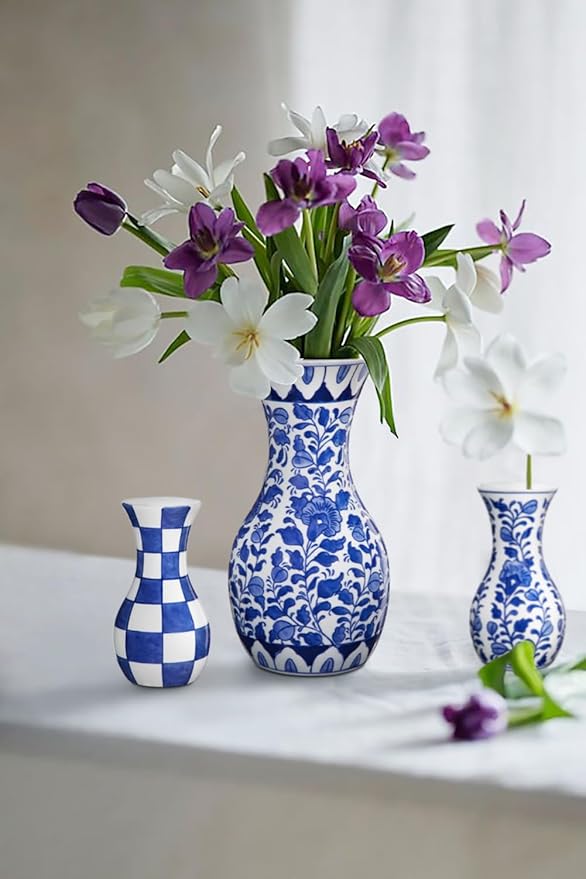 Blue and White Flower Vase, 11 Inch Tall Ceramic Vase in Wide Mouth Floral Pattern, Large Retro Chinoiserie Vase Decor Side Table Centerpiece Living Room Bookshelf, Antique Grand Millennial Decor