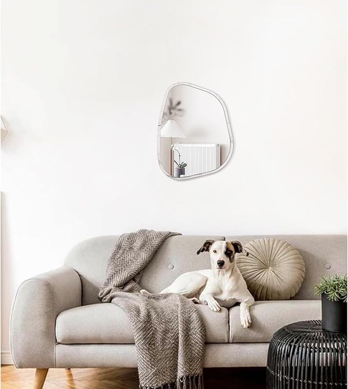 Irregular Wall Mirror Modern Oval Asymmetrical Wooden Framed Unique Hanging Mirror Artistic Wavy Mirror Decor Bathroom Vanity Bedroom Living Room Entryway Hallway Small 14"x10"