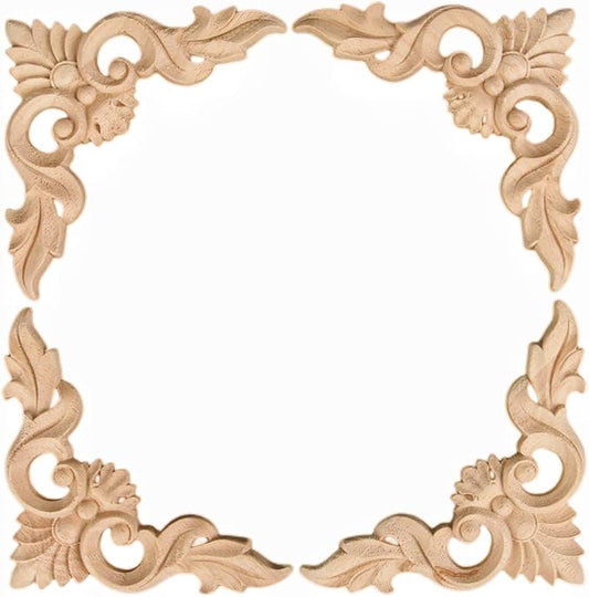 MUXSAM 4Pcs Wood Carved Appliques Onlays, Unpainted Little Wooden Corners Flower Carvings Decals for Mirrors Cabinets Walls Doors Chests Dressers Night Stand DIY Artwork Project, 10x10cm/3.94"x3.94"