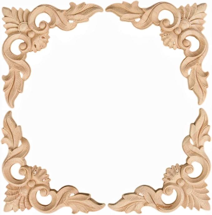 MUXSAM 4Pcs Wood Carved Appliques Onlays, Unpainted Little Wooden Corners Flower Carvings Decals for Mirrors Cabinets Walls Doors Chests Dressers Night Stand DIY Artwork Project, 10x10cm/3.94"x3.94"