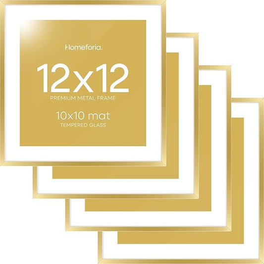 Homeforia 12x12 Picture Frame Gold, High End Metal 12 x 12 Square Poster Frame with Mat 10 x 10 Photo, 12x12 Frame Matted to 10x10 Print, 12by12 Gold Hanging Frames, Tempered Glass, Wall Kit, Set of 4
