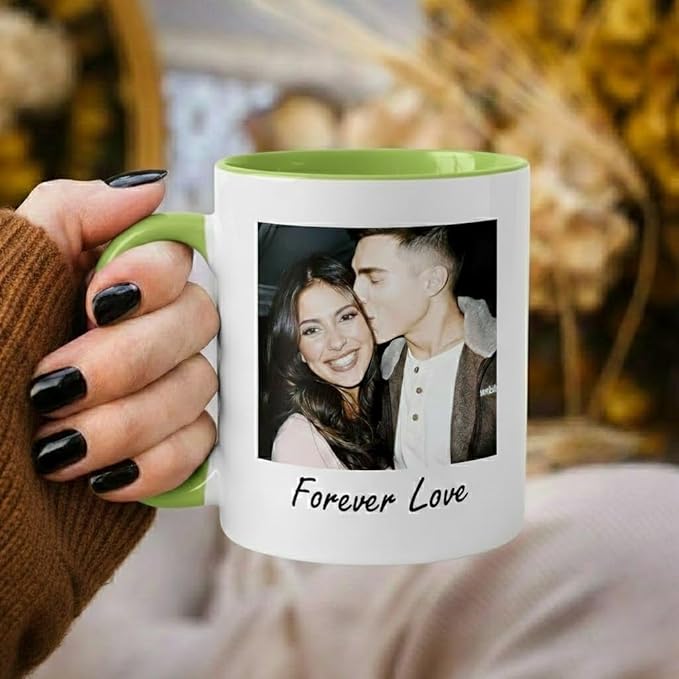 Custom Photo Coffee Mug, Personalized Forever Love Design Ceramic Cup for Anniversary Boyfriend Girlfriend Dishwasher Safe, 11oz (Green)