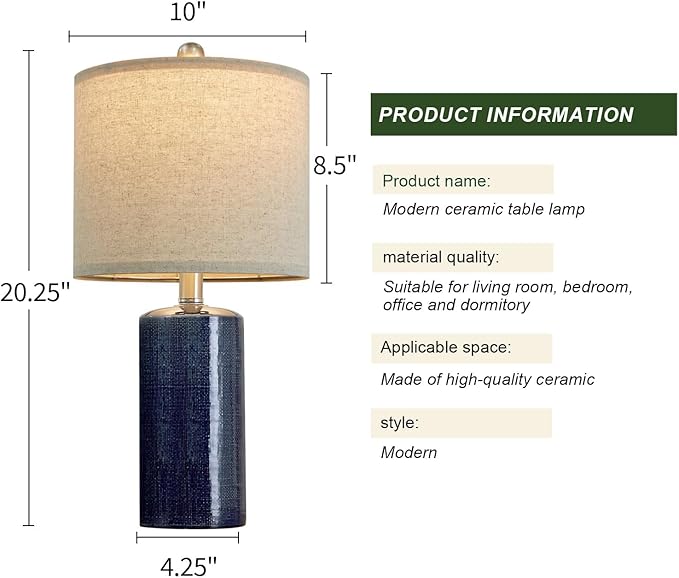 20.25" Small Table Lamps Set of 2 Modern Ceramic Lamps for Living Room Farmhouse Bedside Lamps Boho for Night Stands Bedroom Lamps Side Table Lamps End Table Lamps, Blue