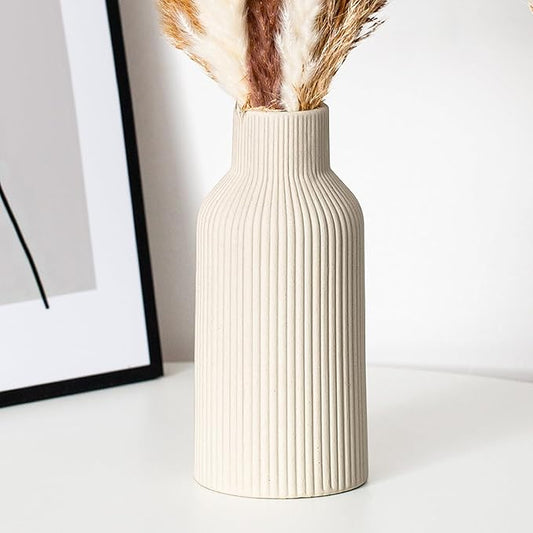 Bohemian Beige Ceramic Vase - for Pampas Grass, Mantel, Bookshelf, Entryway and Living Room Decor (Beige, 7in)