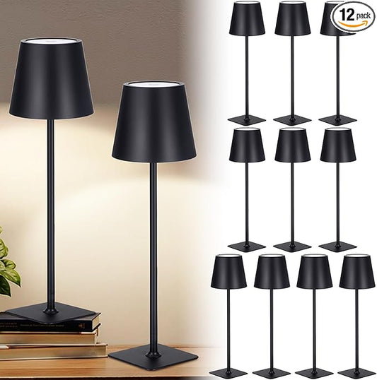 Retisee 12 Pack Rechargeable Cordless LED Table Lamps Black 3000mAh Battery Operated Table Light 3-color Stepless Dimming Portable Desk Lamps for Restaurant Coffee Bars Camping Bedrooms Indoor Outdoor