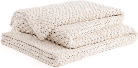 YnM Chunky Cotton Knit Throw Blanket, Cable Knit Throws for Bed Couch Sofa, Comfy & Relaxing, Decorative Piece for Farmhouse Modern Boho Rustic Scandinavian Chic Vibe, Cream White 80x87 Inches