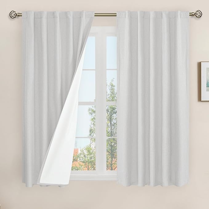 LAMIT Natural 100% Blackout Linen Curtains, 54 Inches Linen Textured Thermal Bedroom Curtains Back Tab and Rod Pocket Neutral Panels with White Liner for Farmhouse, 2 Panels, 42 x 54 Inch, Light Grey