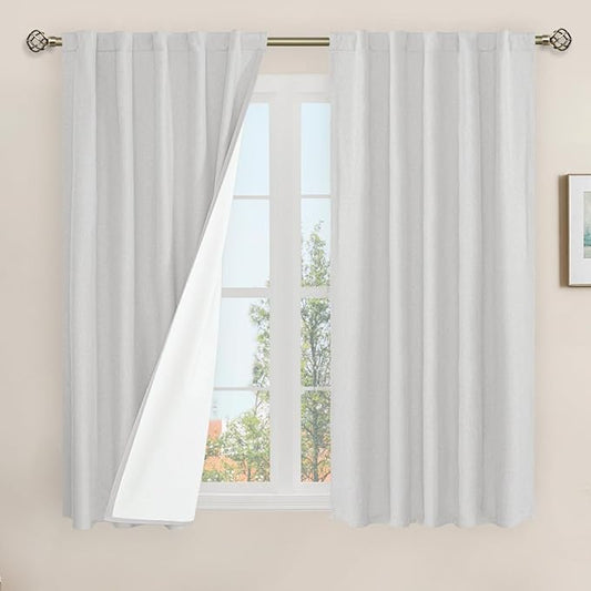LAMIT 100% Blackout Short Linen Curtains, 48 Inch Length Linen Textured Thermal Curtains Back Tab and Rod Pocket Neutral Panels with White Liner for Small Window, 2 Panels, 42 x 48 Inch, Light Grey