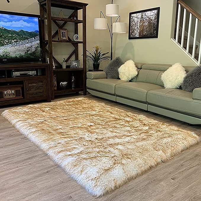 LAMBZY High Pile Super Soft Faux Sheepskin Rug (White/Brown, 3'x5')