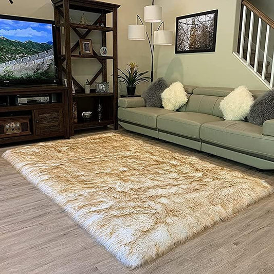 LAMBZY High Pile Super Soft Faux Sheepskin Rug (White/Brown, 3'x5')