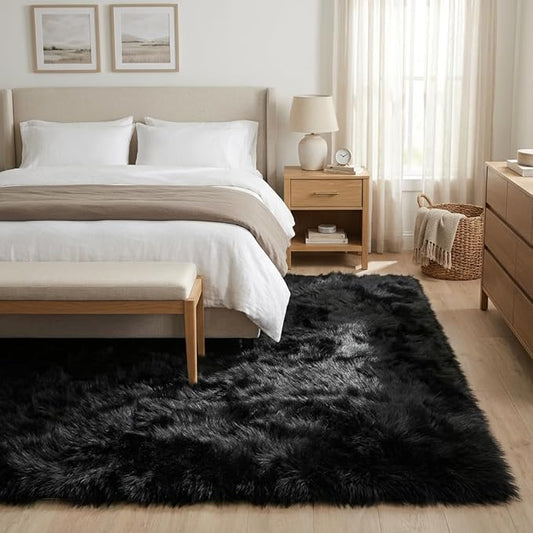Super Area Rugs Ultra Soft & Fluffy Faux Sheepskin Rug, Black 6 x 9 Feet Carpet for Bedroom Living Room
