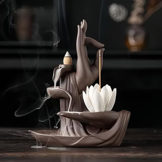 Lotus Hand Backflow Incense Burner– Ceramic Cones Incense Holder Waterfall Incense Burner & Incense Waterfall Fountain for Zen Decor Backflow Incense Cone Burner