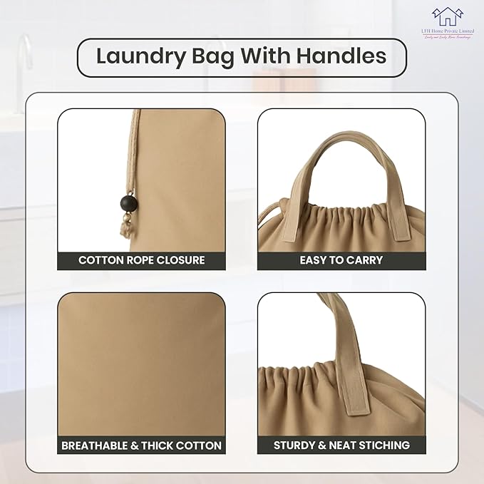 LFH Home Large Premium Cotton Canvas Laundry Bag with Drawstring and Handles Heavy Duty, Multi-Use, and Washable for Home, Travel, College or Storage 24x36 (Pack of 2)-Beige