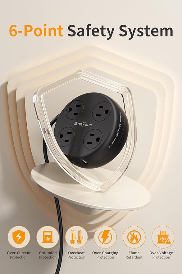 UK Travel Plug Adapter - Retractable Power Strip with 4 AC Outlets & 3 USB Ports (USB-C), Type G Adapter for US to UK, Ireland, Scotland, Hong Kong, Dubai (Black)