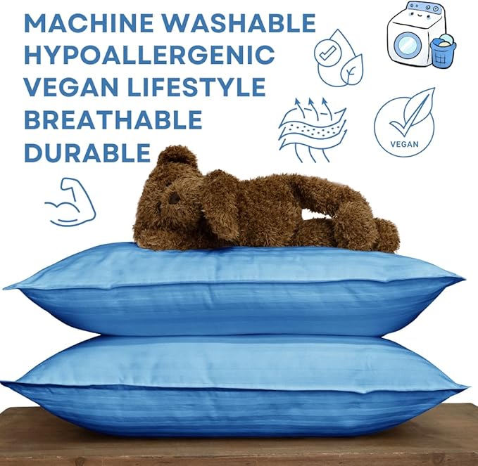 kinder Fluff Children Pillows (2-Pack) 17x26in– 300T Soft Cotton & Down Alternative – Hypoallergenic, Machine Washable, Ideal for Kids Ages 12+, Bed & Travel Use– Blue- XL