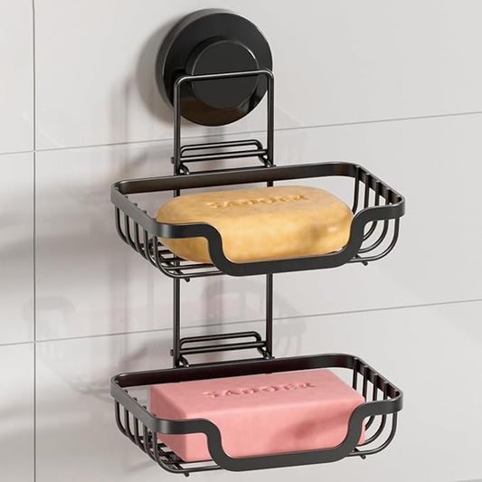 LEVERLOC Double Layer Soap Dish, Bar Soap Holder for Shower Wall, Vaccum Suction Cup Sponge Holder for Bathroom Tub Kitchen Sink, Stainless Steel, Waterproof, Removable, Black