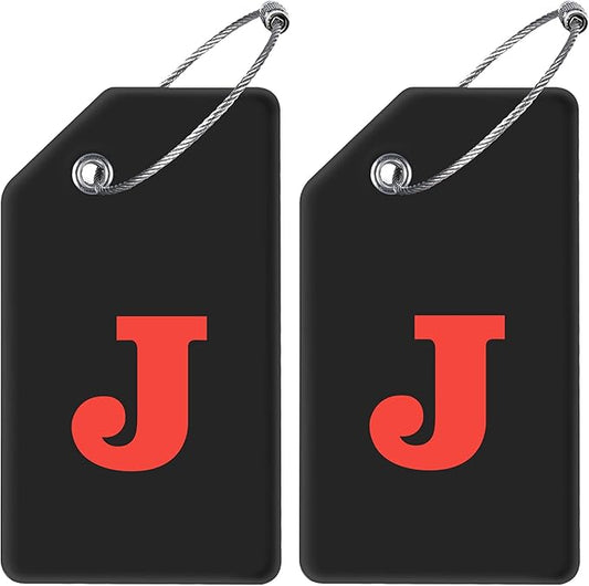 Gostwo 2 Pack Silicone Luggage Tags for Suitcases, 26 Initial Letter Baggage Labels Handbag School Bag Suitcase Instrument Tag with Stainless Steel Loop(Black)(Letter J)
