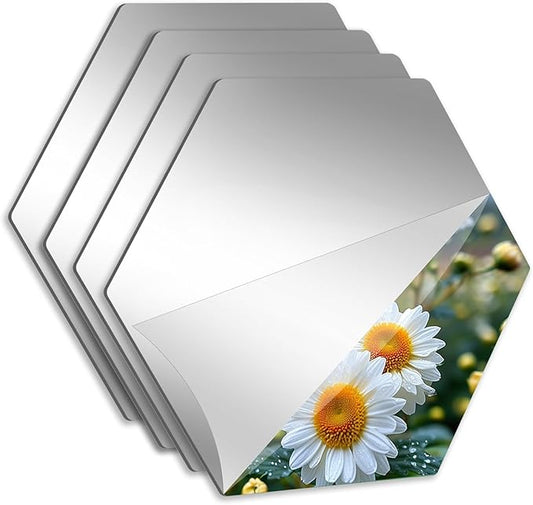 Abyssaly 4 Pack Acrylic Mirror Stickers 11.8" x 11.8", 3D Hexagon Flexible Plastic Mirror Tiles for Wall, Frameless Non-Glass Full Length Stick on Espejos Wall Tile Sheets for Bedroom Home Gym Door