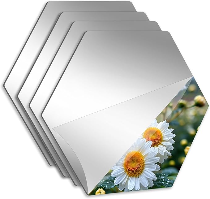 Abyssaly 4 Pack Acrylic Mirror Stickers, 3D Hexagon Flexible Plastic Mirror Tiles for Wall, Frameless Non-Glass Full Length Stick on Espejos Wall Tile Sheets for Bedroom Home Gym Door, 7.87" x 7.87"