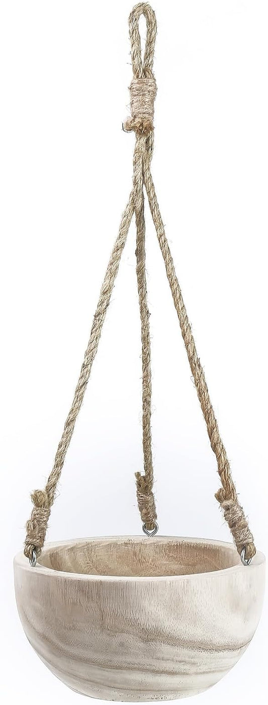 CYS EXCEL Small Wooden Hanging Planter Paulownia Wood Bowl Basket with Jute Rope for Indoor Plants Succulents