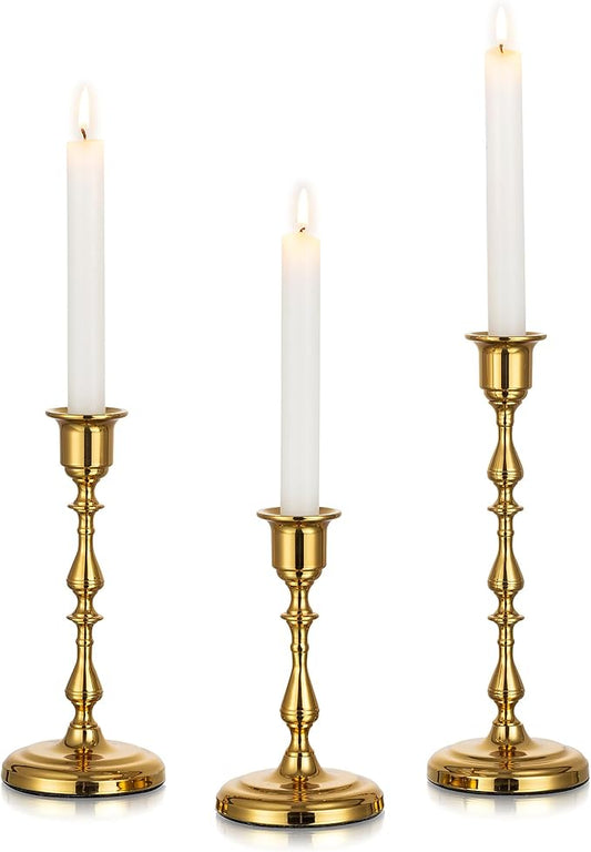 Brass Candlestick Holders Vintage: Gold Taper Candle Holder Metal Candle Sticks Holder Antique Decoration for Dinning Table Mantel Wedding Centerpieces Christmas Party Set of 3