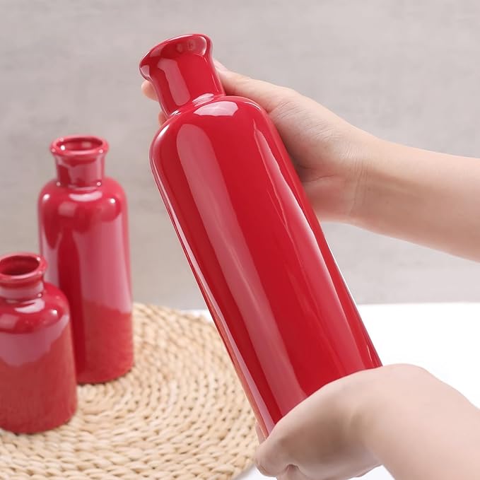 Small Ceramic Vase Set of 3, Boho Modern Flower Vase Room Decor, Farmhouse Decor, Vases for Your Kitchen, Bathroom, Bedroom, Living Room, Office&Shelf Centerpiece Table Decorations, Red