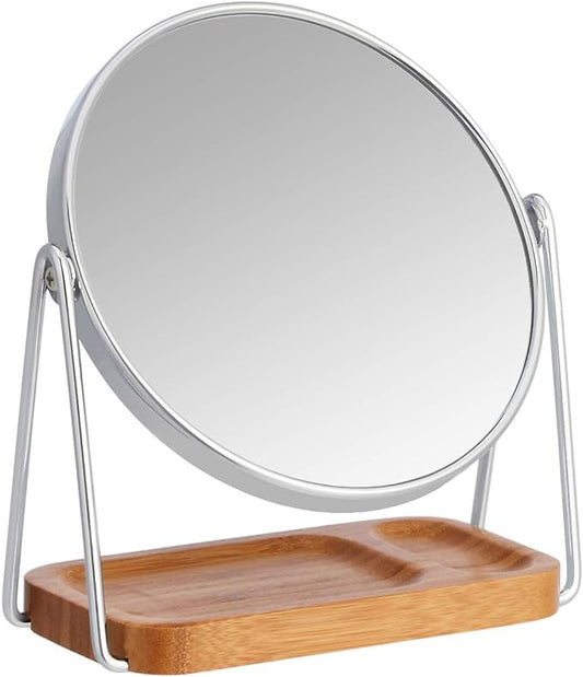 Amazon Basics Vanity Round Tabletop Mirror with 360° Rotation, Double Sided 1x/5x Magnification, Chrome Finish, Squared Bamboo Tray, 7.2"L x 3.35"W