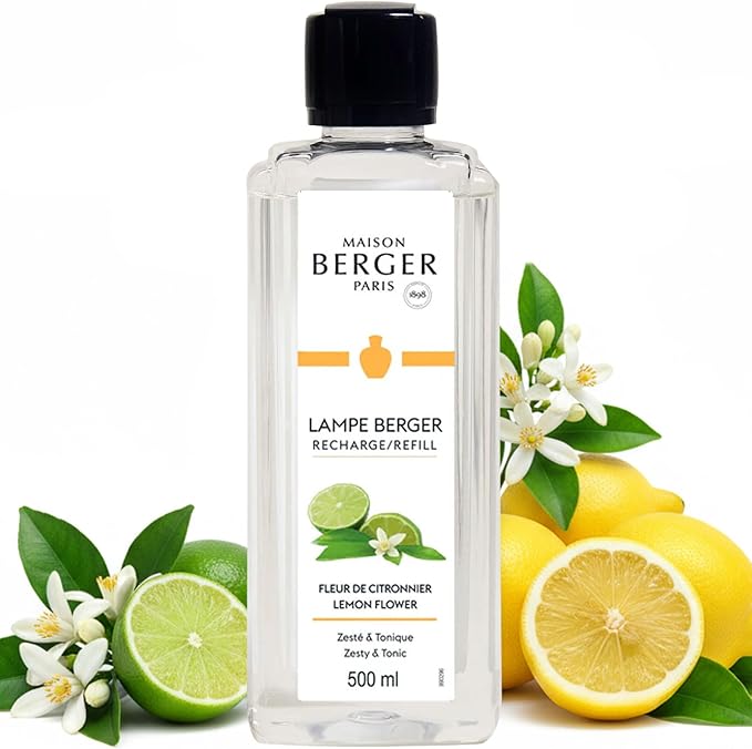 MAISON BERGER Lemon Flower Lampe Berger Refill, 500 ml (16.9 fl oz), Odor-Neutralizing Home Fragrance Oil Lamps, Lemon, Lime, Neroli, Vetiver, Orange Blossom, Made in France