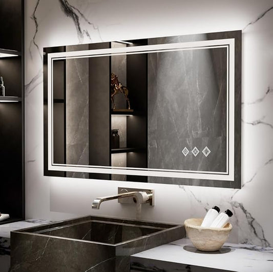 Lighted Vanity Mirror, 40x24 Inch Gradient Front and Backlight LED Vanity Mirror, 3 Colors Dimmable CRI>90 Double Lights, IP54 Enhanced Anti-Fog, Hanging Plates Wall Mount Bathroom Mirror