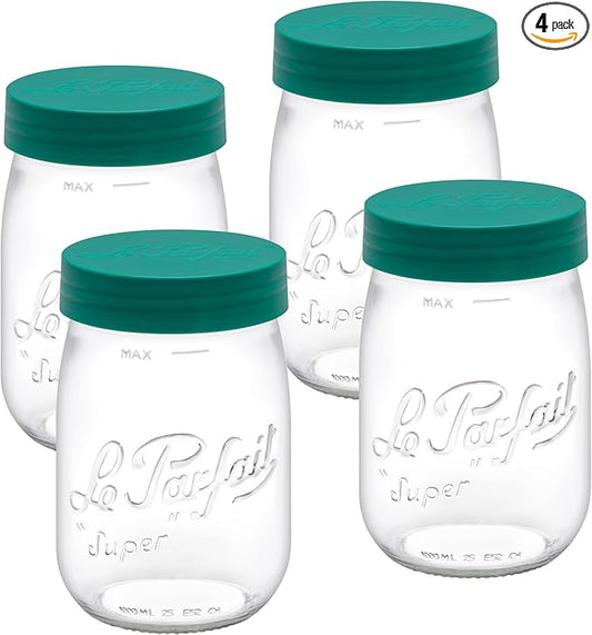 Le Parfait Screw Top Jar Wide Mouth French Glass Jar | Ideal for Food and Soup Storage, Canning, Flour, Brown Sugar, and other Baking Supplies (1L/32oz, Pack of 4, Pine)