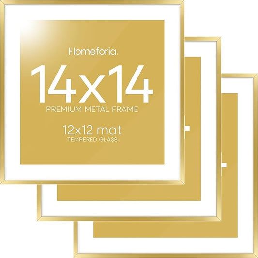 Homeforia 14x14 Picture Frame Gold, High End Metal 14 x 14 Square Poster Frame with Mat 12 x 12 Photo, 14x14 Frame Matted to 12x12 Print, 14by14 Gold Hanging Frames, Tempered Glass, Wall Kit, Set of 3