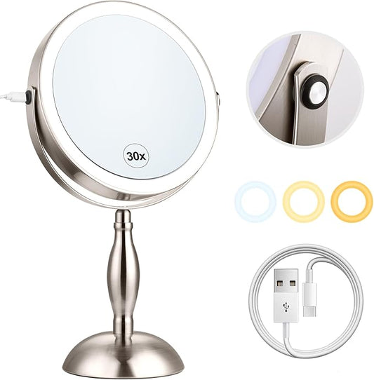 Makeup Mirror with Light, 30x Magnifying Mirror with 3 Lights Colors, 5000mAh Vanity Mirror Brushed Nickel - 360° Rotation, Brightness Adjustable Magnification, Modern Style Side Touch + Side Charge