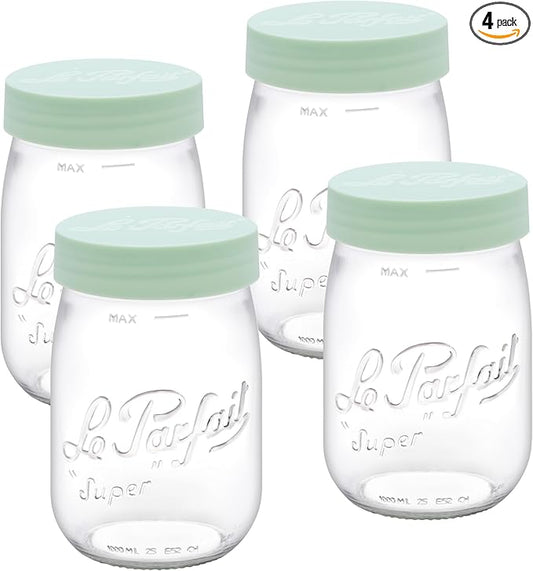 Le Parfait Screw Top Jar Wide Mouth French Glass Jar | Ideal for Food and Soup Storage, Canning, Flour, Brown Sugar, and other Baking Supplies (1L/32oz, Pack of 4, Mint)