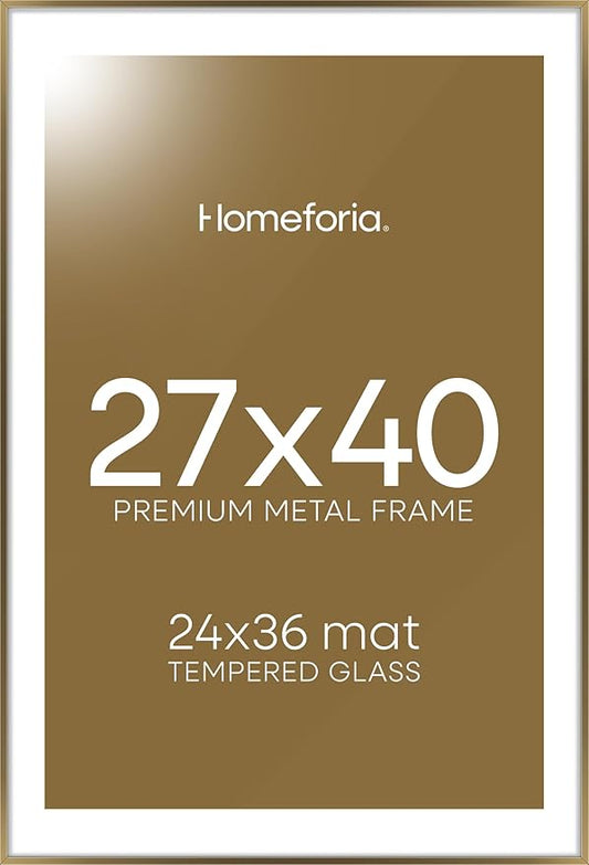 Homeforia 27x40 Picture Bronze Frame, High End Metal 27 x 40 Large Poster Frames with Mat 24 by 36 Photo, 27x40 Brass Movie Frame Matted to 24x36, 40x27 Thin Frames, Tempered Glass, Wall Kit, Set of 1