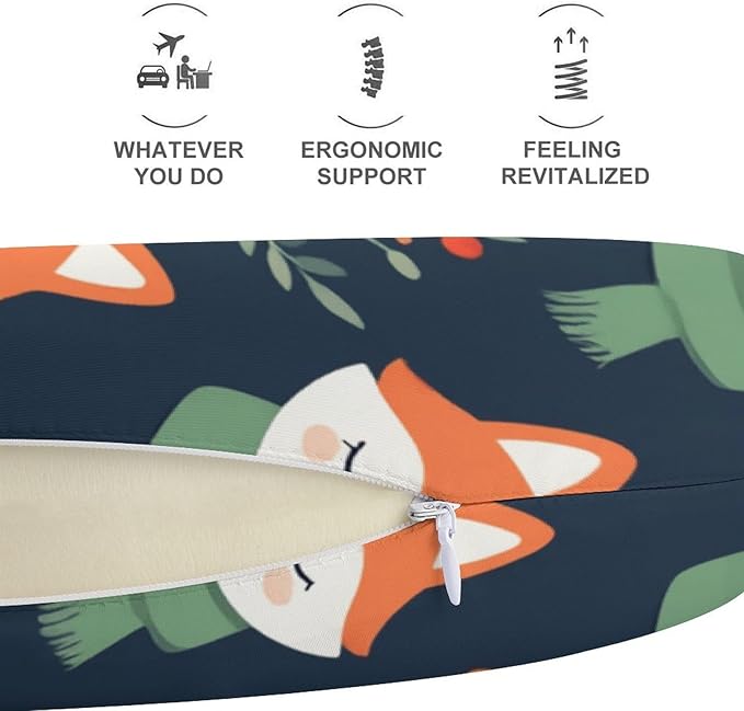 Memory Foam U-Shaped Travel Pillow Neck Pain Relief, Cute Fox U-Shape, Removable Cover Airplane Car Office