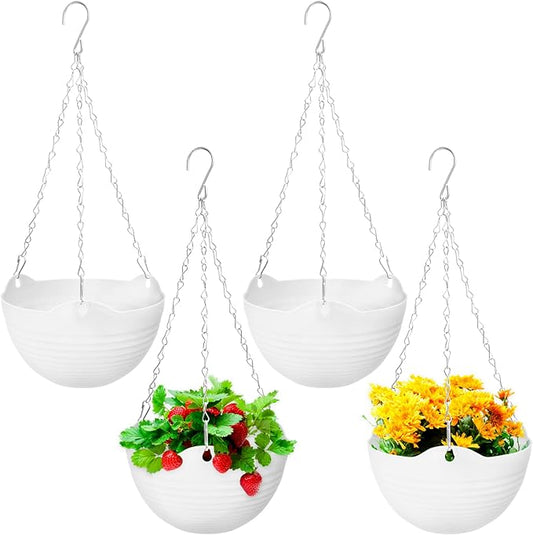 Bvrbaory 4 Pack 8 inch White Hanging Planters,Self-Watering Indoor Outdoor Plant Pots,Round Hanging Basket with Water Tray Metal Chain for Garden,Porch,Wall Decoration