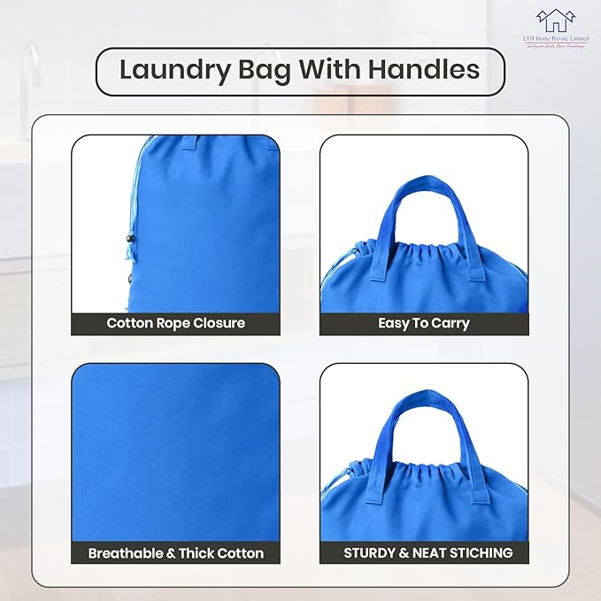 LFH Home Large Premium Cotton Canvas Laundry Bag with Drawstring and Handles Heavy Duty, Multi-Use, and Washable for Home, Travel, College or Storage 28x36 (Pack of 4)-Sky Blue