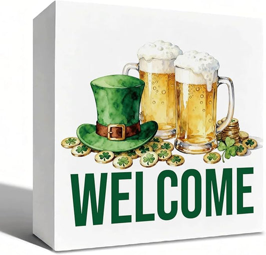 St. Patrick's Day Welcome Decor Wooden Box Sign, Irish Beer Hat Tabletop Welcome Sign for Home Bar Shelf Desk, Farmhouse Holiday Wooden Decor for Party Pub Irish Theme 5 x 5 Inches
